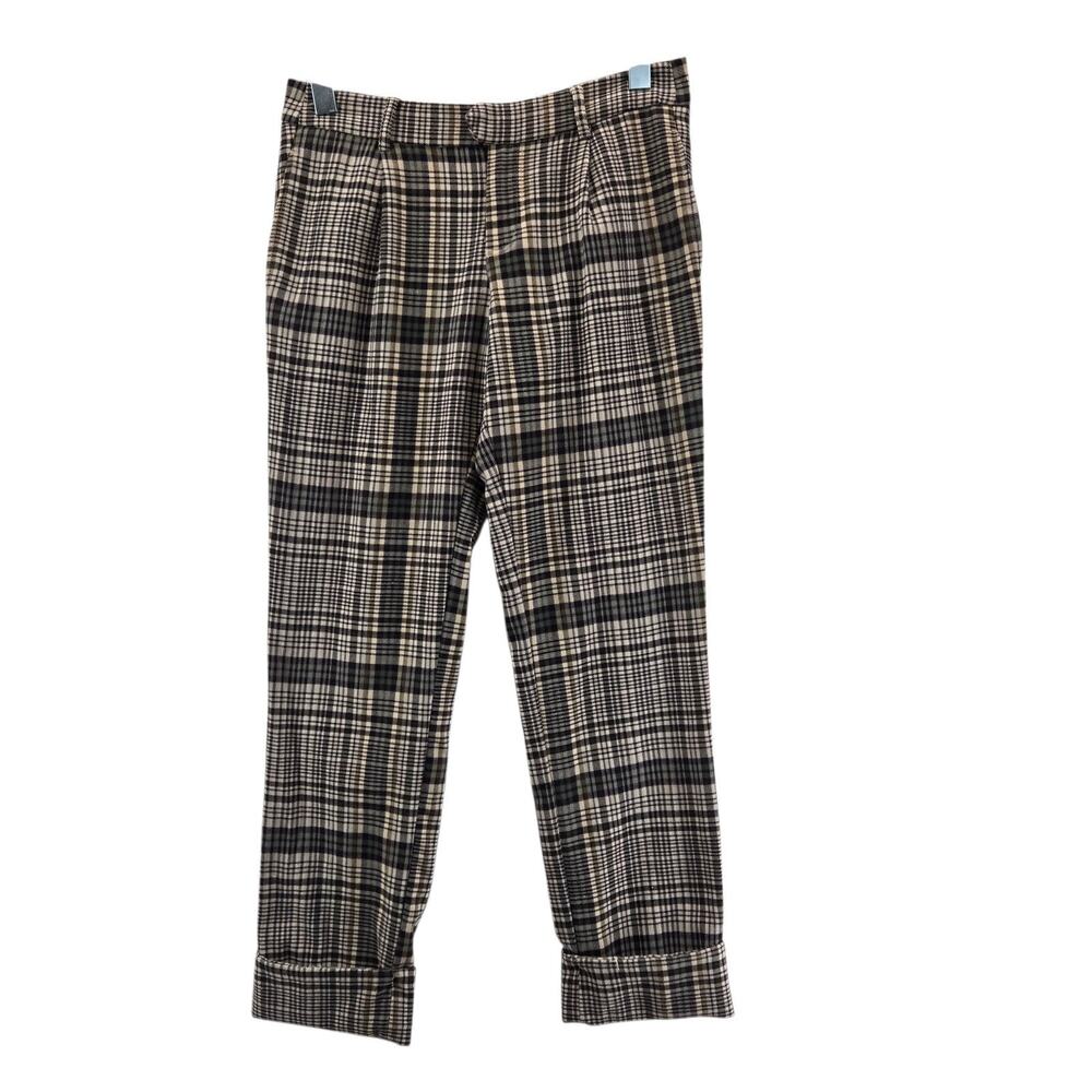 Free People Plaid Pleated Pants Women 0 XS Brown Tan Straight Leg Cropped Preppy